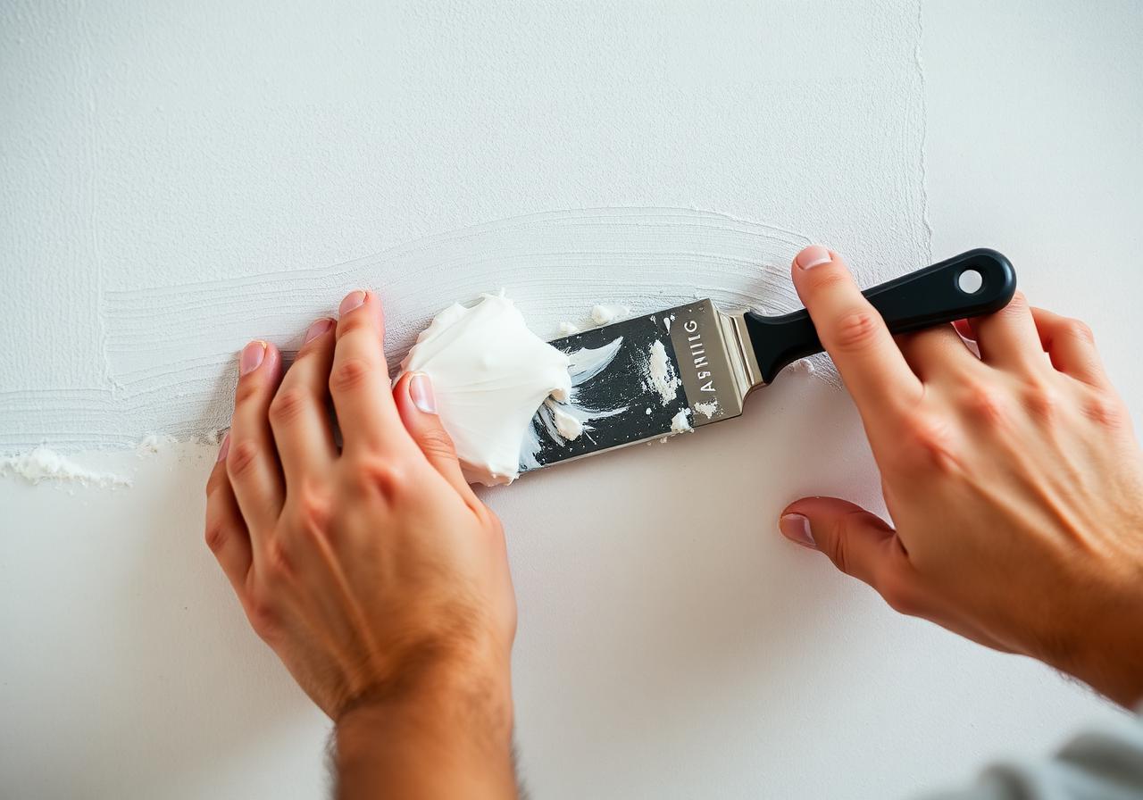 Hands smoothing joint compound on drywall