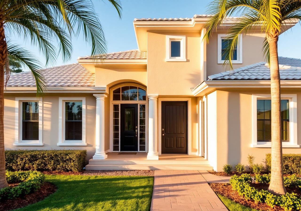 Florida coastal home freshly painted at golden hour