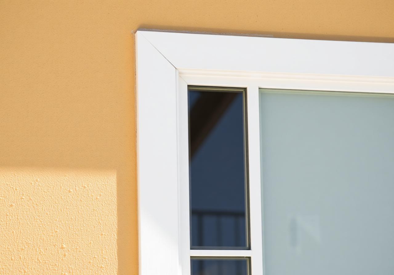 Detail of stucco meeting white window trim