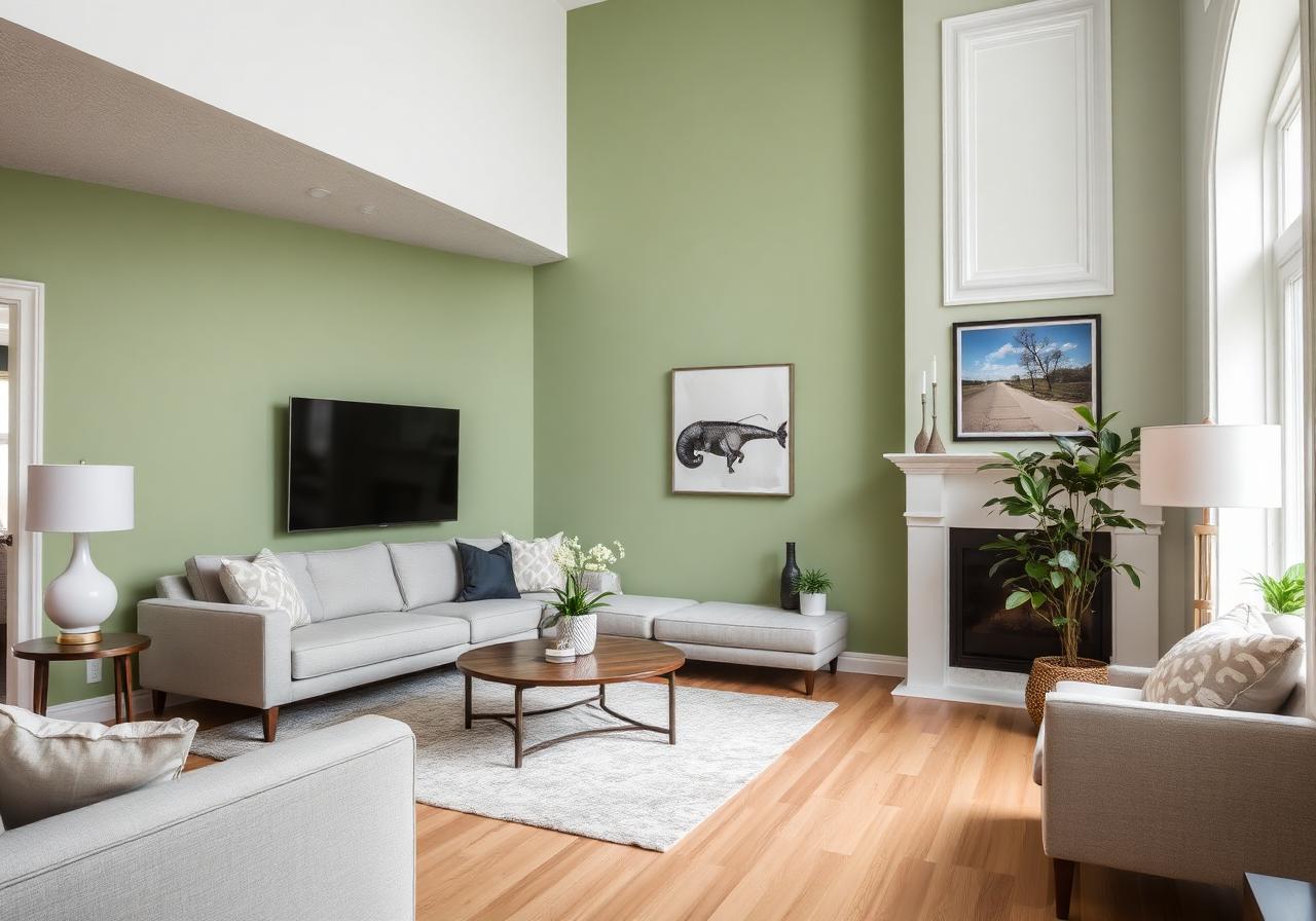 Sage green accent wall in modern Florida living room