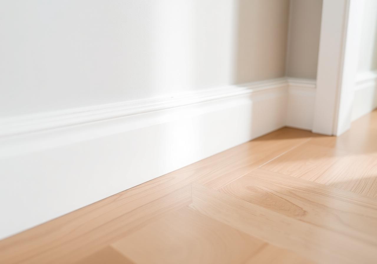 Crisp white baseboard meeting oak floor detail