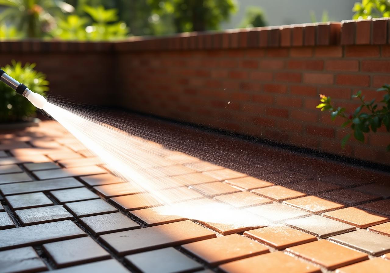 Pressure washer cleaning brick patio